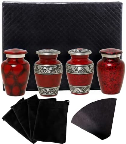 Small Urns for Human Ashes Set of 4 Red Vials with Velvet Bags and Gift Box