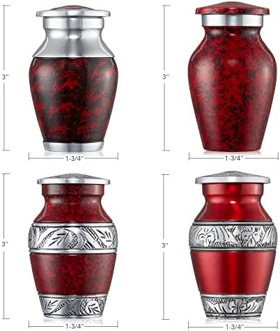 Reminded Miniature Cremation Urns Set of 4 Red and Silver with Velvet Case