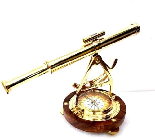 Decorative Brass Telescope with Compass and Wooden Base