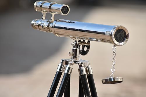 Nautical Brass Double Barrel Telescope with Wooden Tripod Stand