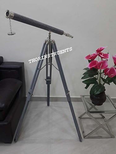 Nautical Brass Telescope with Grey Leather and Wooden Stand
