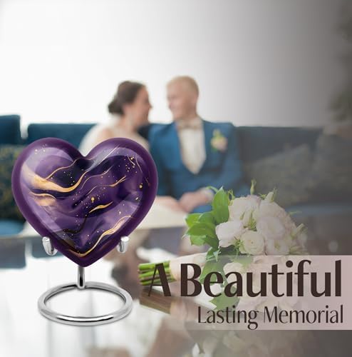 Dark Purple and Gold Design Large Urn for Ashes - 10 Inch 200Lbs and 3 Inch 4 Keepsake Urns Set