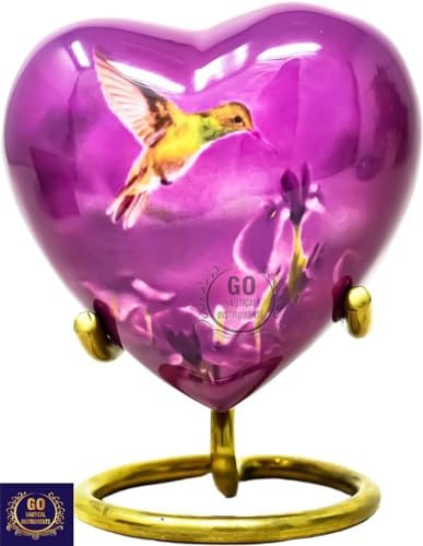 Purple Mini Heart Urn for Ashes with Hummingbird Print and Box Stand