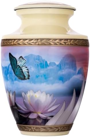 Women Butterfly Urn for Ashes 200 Cubic Inches Cream Metal Flower Design Velvet Bag Anti-Scratch Felt Bottom