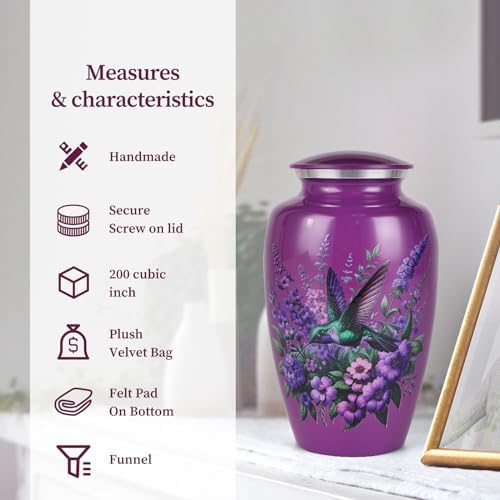Suruim Purple Hummingbird Urns for Human Ashes - Large Size Adult Female Keepsake for Mom or Mother