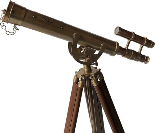 Antique Brass Telescope with Mahogany Tripod - 43 Inch Floor Standing Decorative Nautical Instrument 15X Magnification
