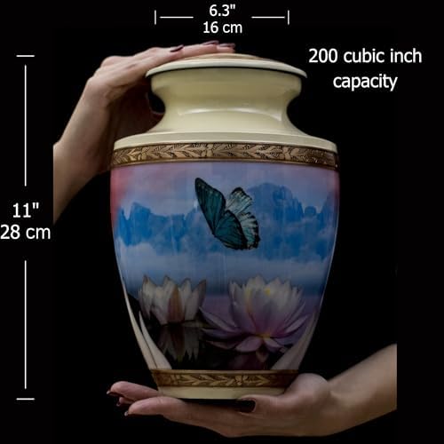 Women Butterfly Urn for Ashes 200 Cubic Inches Cream Metal Flower Design Velvet Bag Anti-Scratch Felt Bottom