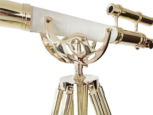 Double Barrel Shiny Brass Vintage Floor Telescope with Wooden Tripod