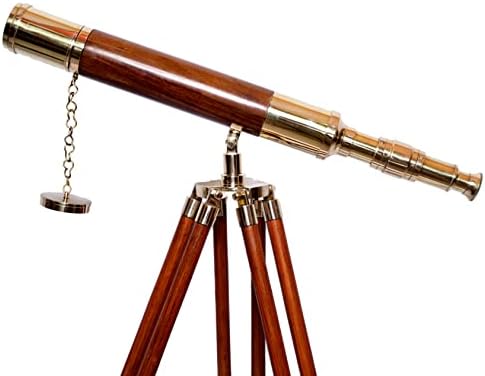 Nautical Antique Brass Telescope with Wooden Tripod
