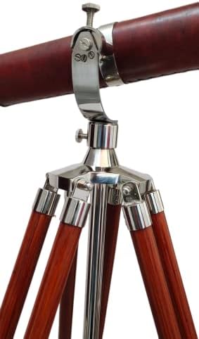 Vintage Nautical Brass Nickel Chrome Telescope with Brown Wooden Tripod