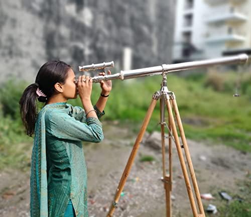 Vintage Maritime Double Barrel Telescope 64x Silver Brass with Wooden Tripod
