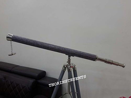 Nautical Brass Telescope with Grey Leather and Wooden Stand