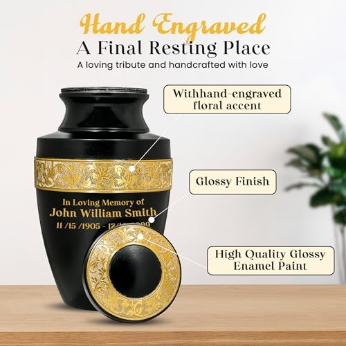 Custom Engraved Black and Gold Urn for Ashes