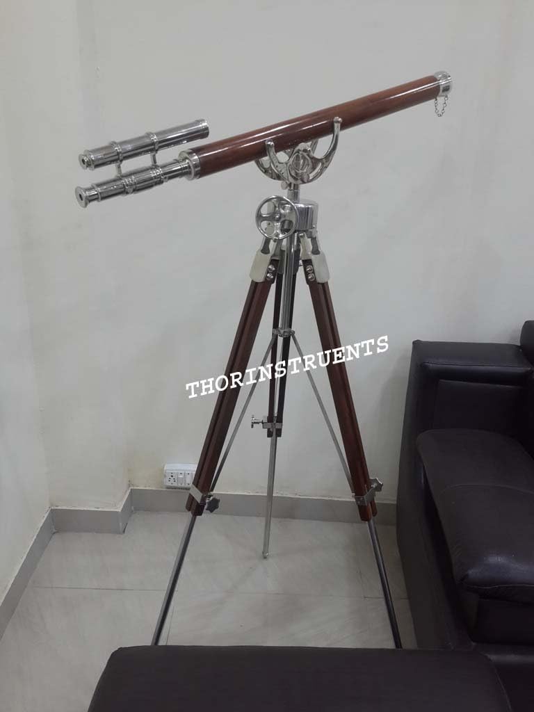 Vintage Brass Double Barrel Telescope with Wooden Tripod