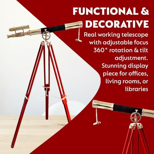 Navy Vintage Telescope with Brass Finish and Wooden Tripod