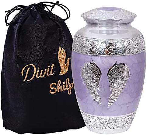 Cremation Urn with Satin Bag for Human Ashes Lilac Angel Wings
