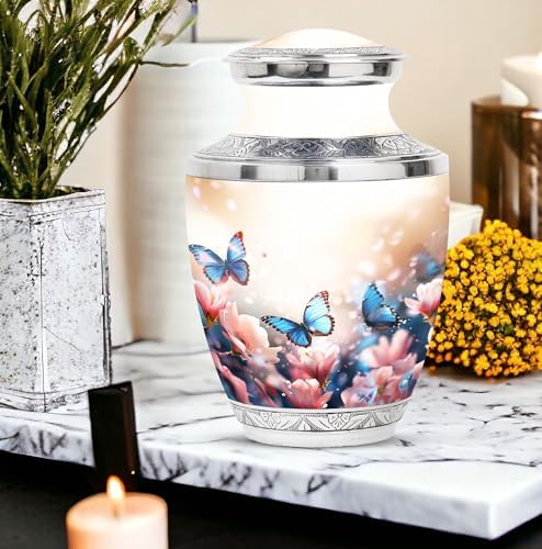 Butterflies in Blossoms Decorative Urns Set - 10 Inch Funeral Urn with 2 Mini Keepsake Urns