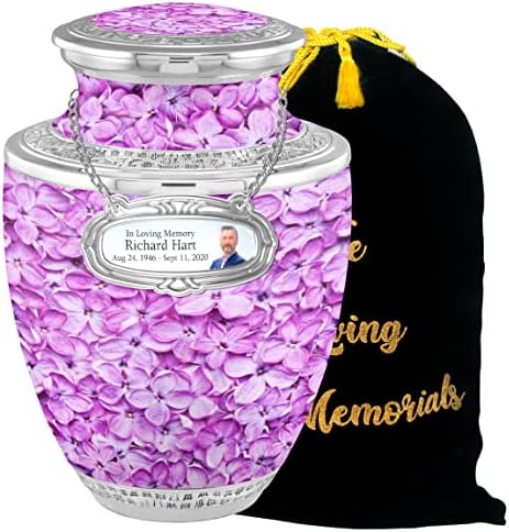Personalized Medallion Liliac Cremation Urn for Adult Ashes - 200lbs Burial Urn with Velvet Bag