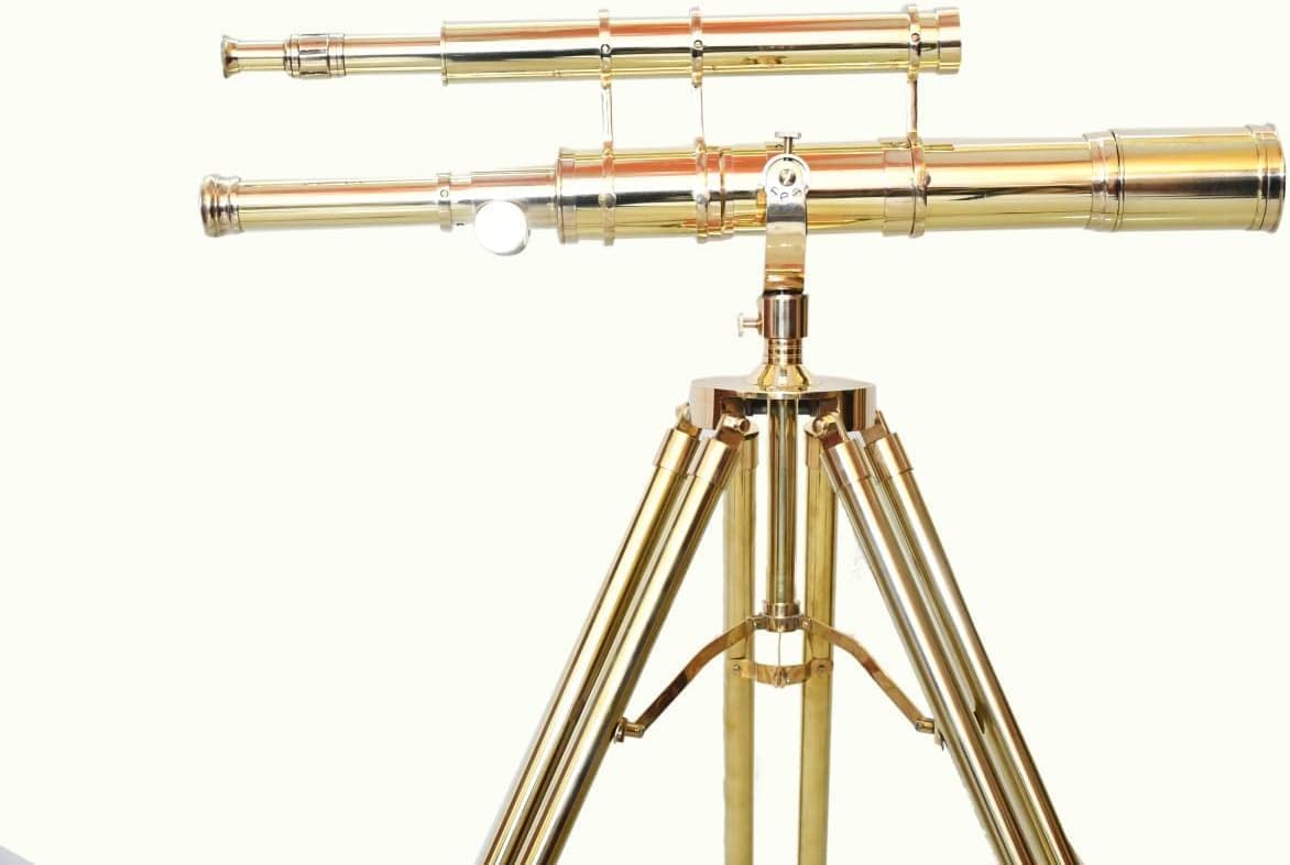 Vintage Telescope with Shiny Brass Finish and Wooden Tripod