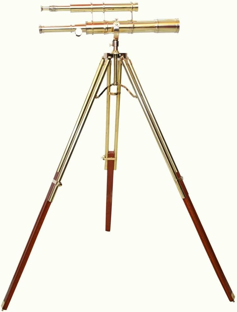 Vintage Shiny Brass Double Barrel Telescope with Wooden Stand
