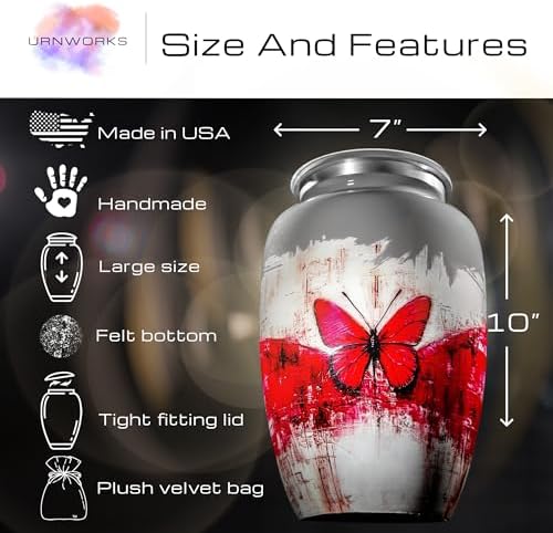 Red Butterfly Cremation Urn for Human Ashes - Large Handcrafted