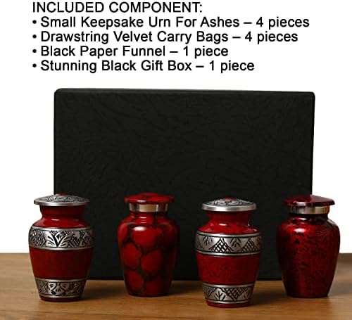 Small Urns for Human Ashes Set of 4 Red Vials with Velvet Bags and Gift Box