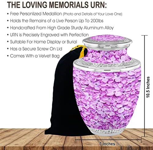 Personalized Medallion Liliac Cremation Urn for Adult Ashes - 200lbs Burial Urn with Velvet Bag