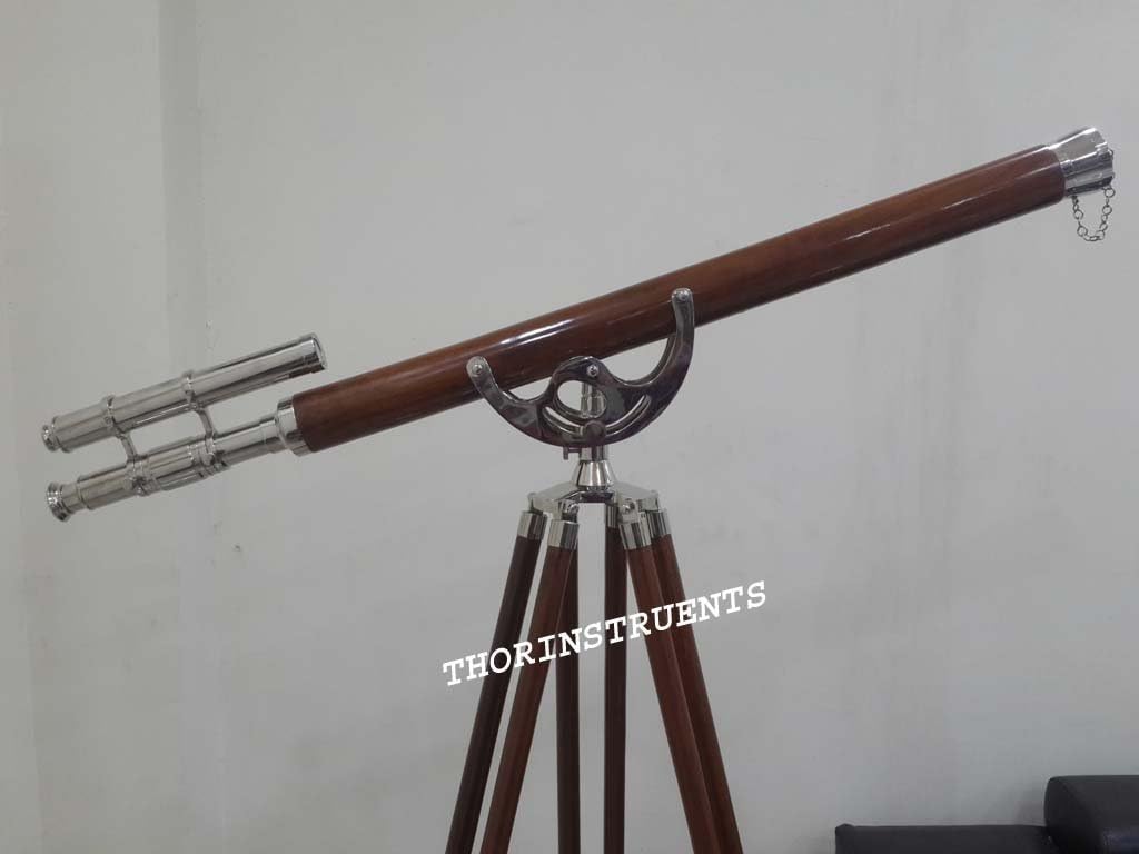 Vintage Marine Brass Telescope Double Barrel Stand with Wooden Tripod