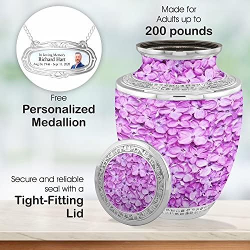 Personalized Medallion Liliac Cremation Urn for Adult Ashes - 200lbs Burial Urn with Velvet Bag