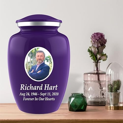 Personalized Photo Cremation Urn for Adult Ashes - 200lbs Custom Burial Urn with Engraving and Velvet Bag Purple