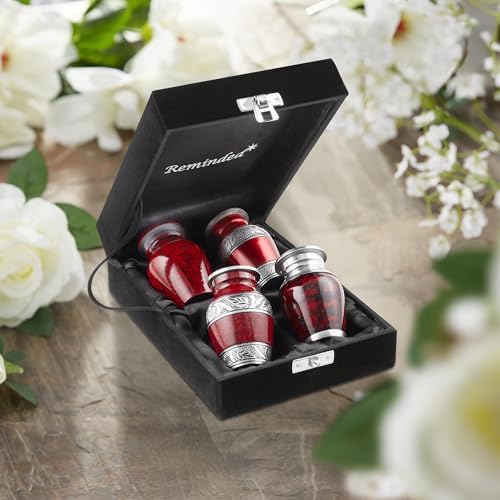 Reminded Miniature Cremation Urns Set of 4 Red and Silver with Velvet Case