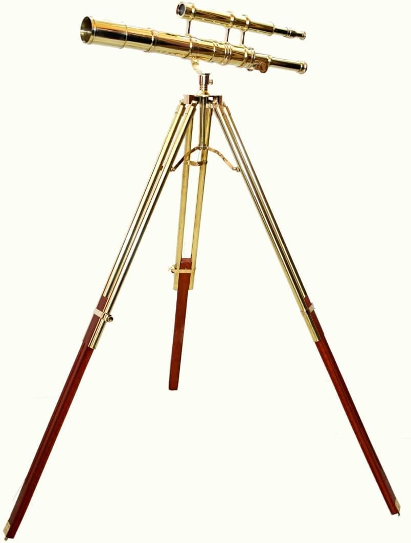 Vintage Shiny Brass Double Barrel Telescope with Wooden Stand