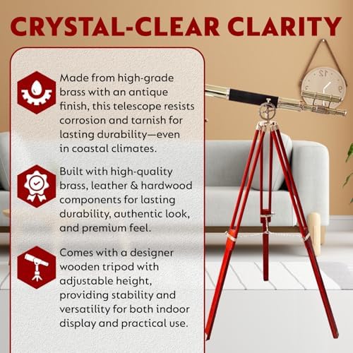 Navy Vintage Telescope with Brass Finish and Wooden Tripod