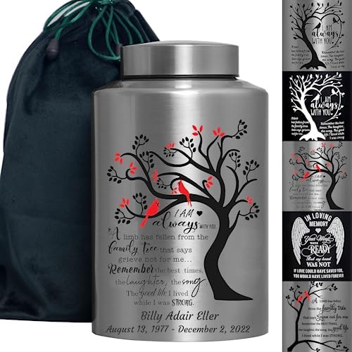 Personalized Cremation Urn with Custom Engraving and Red Bird Design