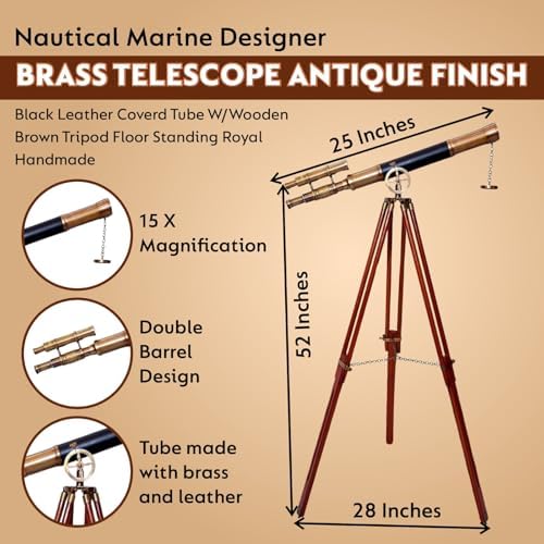 Nautical Designer Brass Telescope with Black Leather Cover and Wooden Tripod