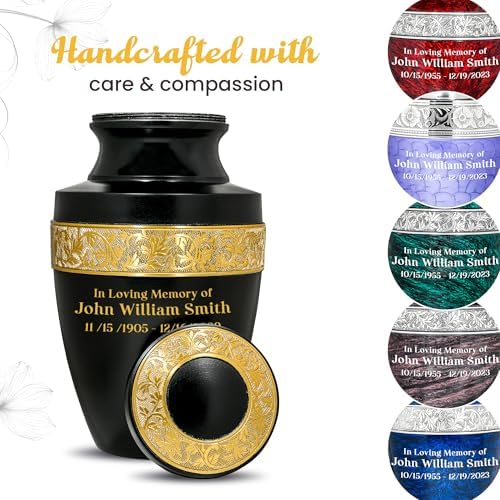 Custom Engraved Black and Gold Urn for Ashes