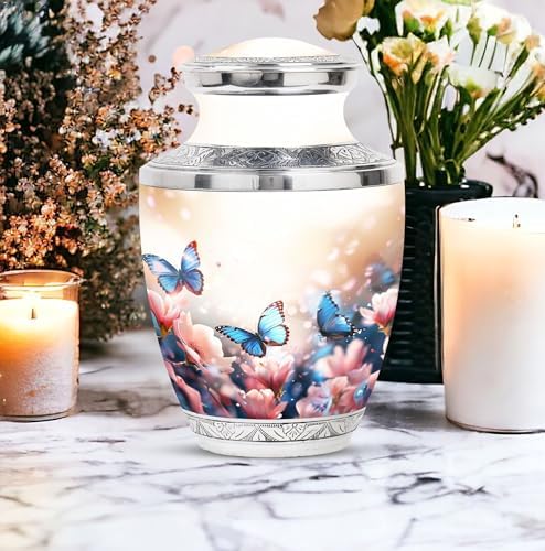 Butterflies in Blossoms Decorative Urns Set - 10 Inch Funeral Urn with 2 Mini Keepsake Urns
