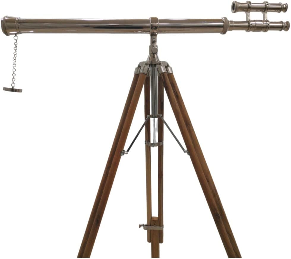 Vintage Maritime Double Barrel Telescope 64x Silver Brass with Wooden Tripod