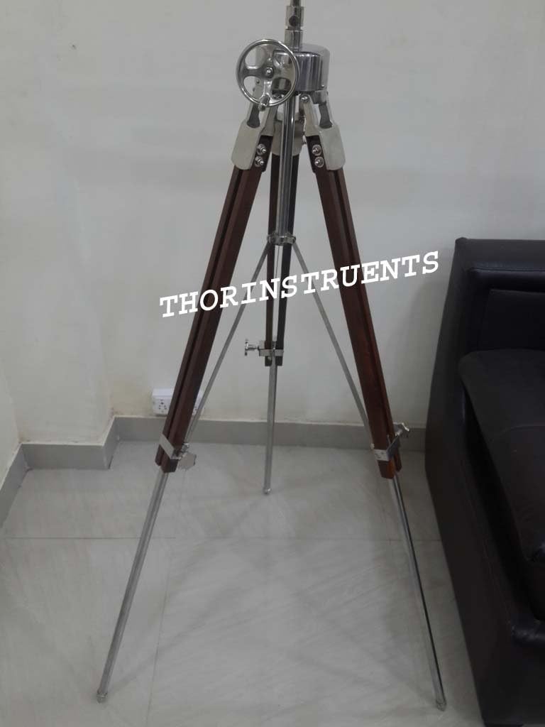 Vintage Nautical Brass Telescope with Wooden Tripod Stand