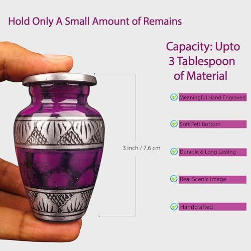 Small Keepsake Cremation Urn with Velvet Case and Funnel Purple Mini Urn for Human Ashes Family Pet or Flowers