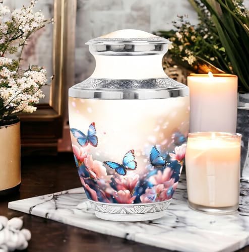 Butterflies in Blossoms Decorative Urns Set - 10 Inch Funeral Urn with 2 Mini Keepsake Urns