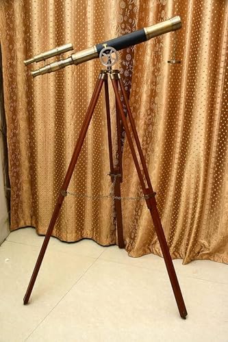 Nautical Designer Brass Telescope with Black Leather Cover and Wooden Tripod