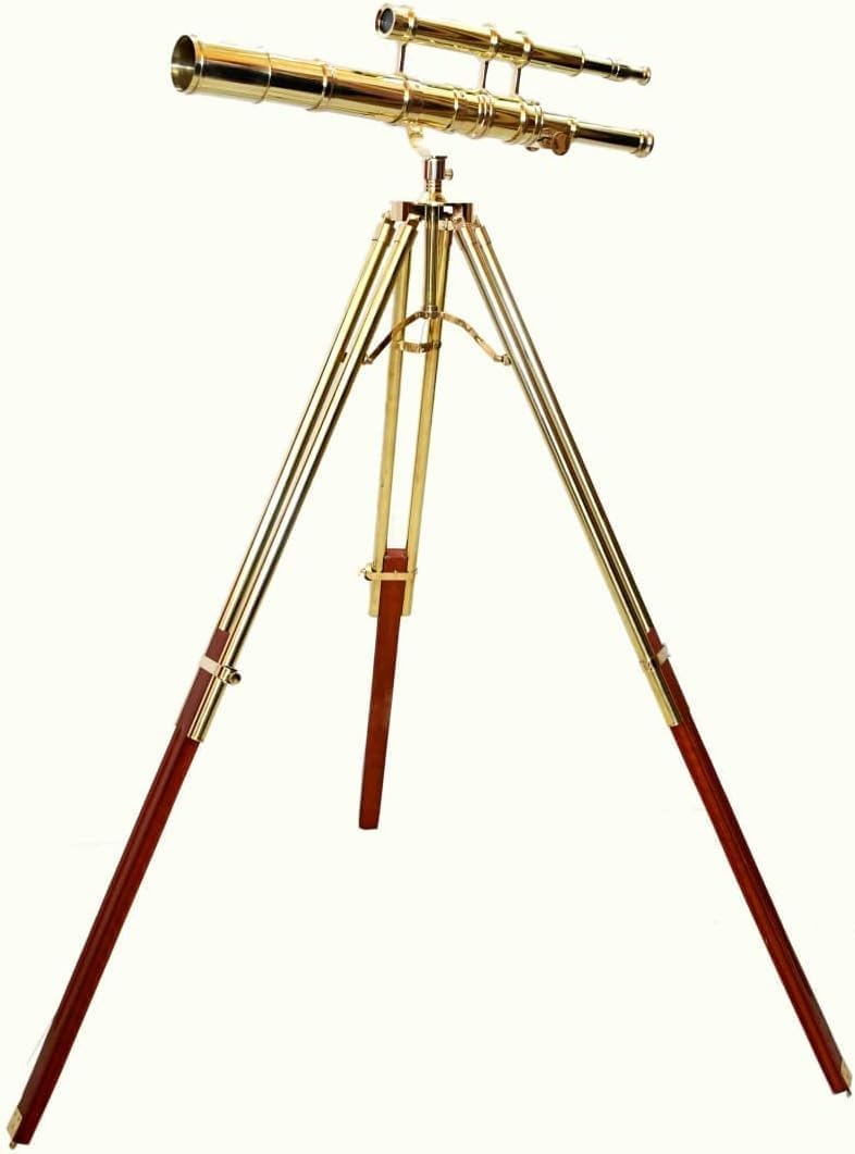 Vintage Telescope with Shiny Brass Finish and Wooden Tripod