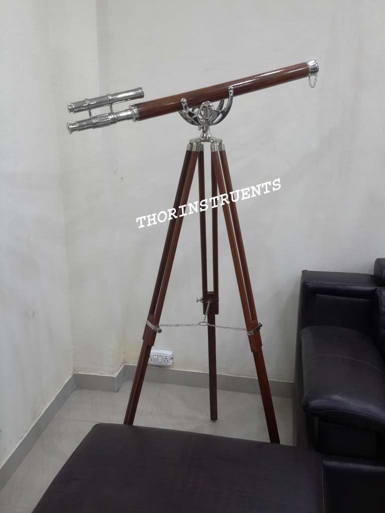 Vintage Marine Brass Telescope Double Barrel Stand with Wooden Tripod