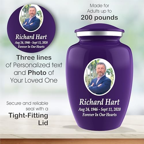 Personalized Photo Cremation Urn for Adult Ashes - 200lbs Custom Burial Urn with Engraving and Velvet Bag Purple