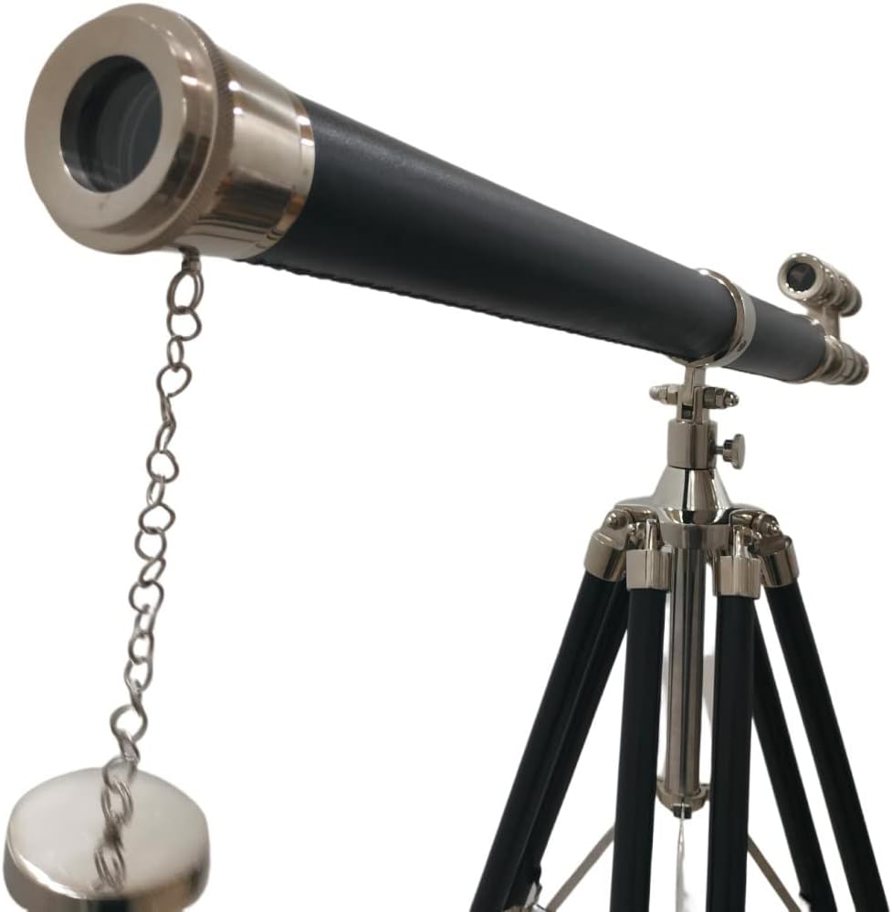 Vintage Chrome Telescope with Black Leather and Brass Scope on Adjustable Tripod Decorative Nautical Accent