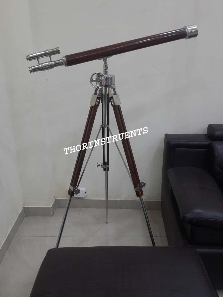 Vintage Nautical Brass Telescope with Wooden Tripod Stand