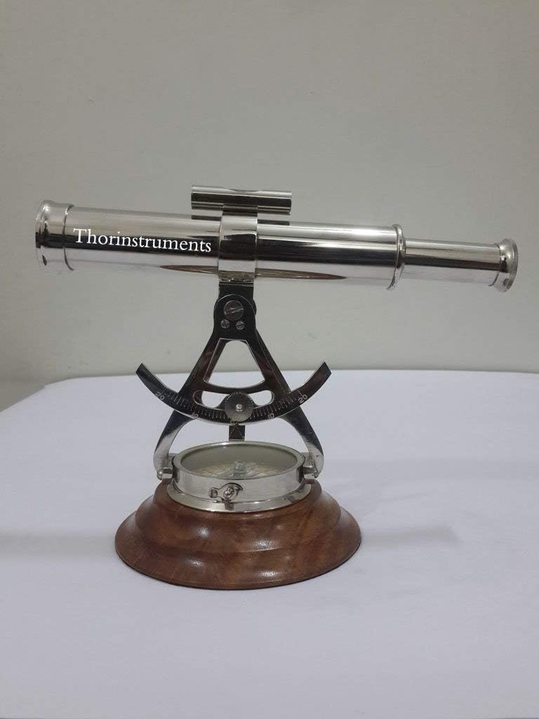 8 Inch Vintage Nautical Alidade Telescope with Wooden Base Compass Decor