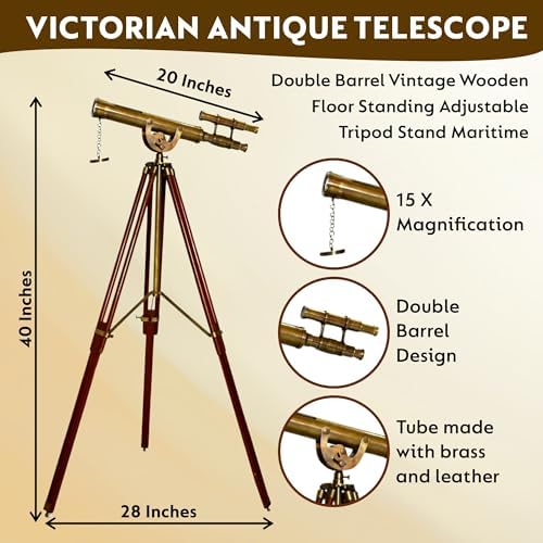 Victorian Antique Telescope with Brass Double Barrel and Wooden Tripod Stand