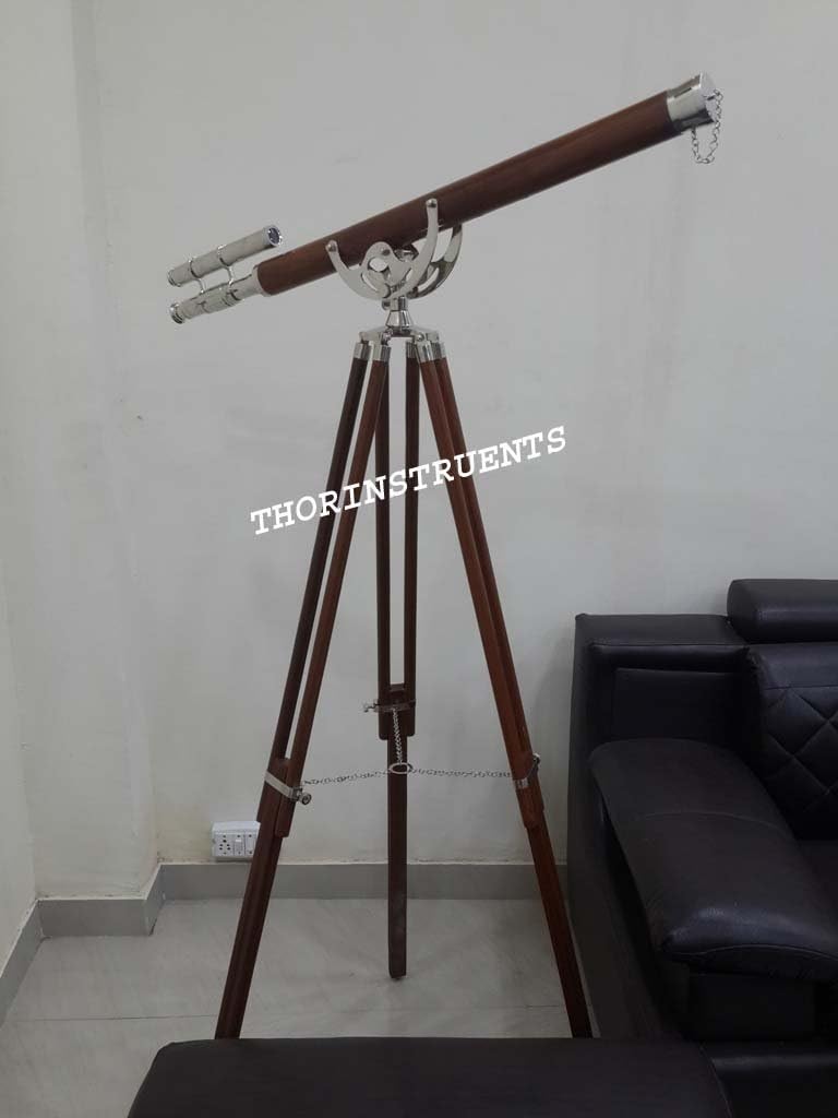 Vintage Marine Brass Telescope Double Barrel Stand with Wooden Tripod